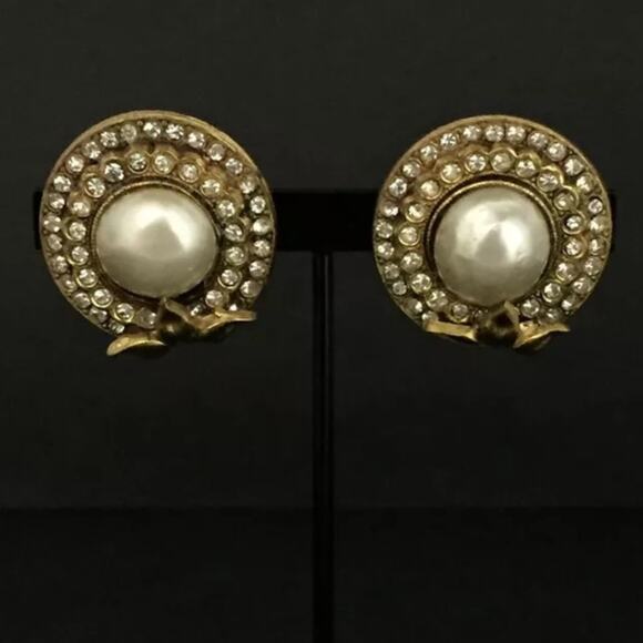 CHANEL Pearl Rhinestone Gold Tone Earrings - Picture 5 of 8